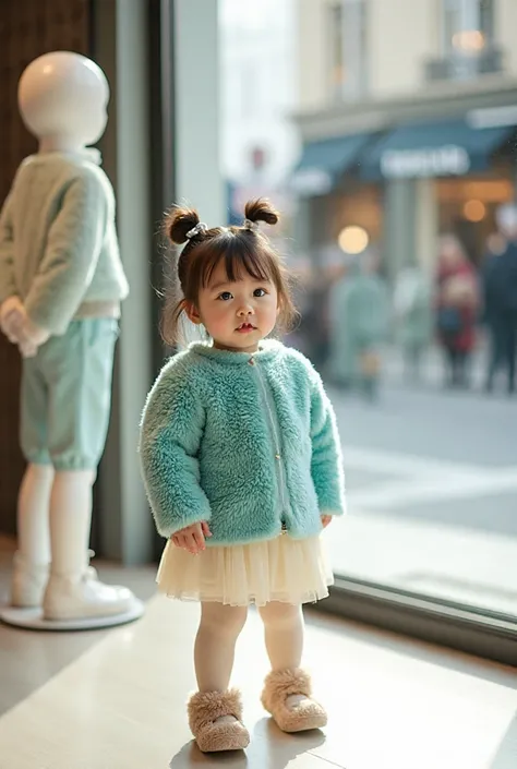A cute little girl, Neat bun, wearing white hairpins. He is standing in a high-end children's fashion store, in front of him is ...