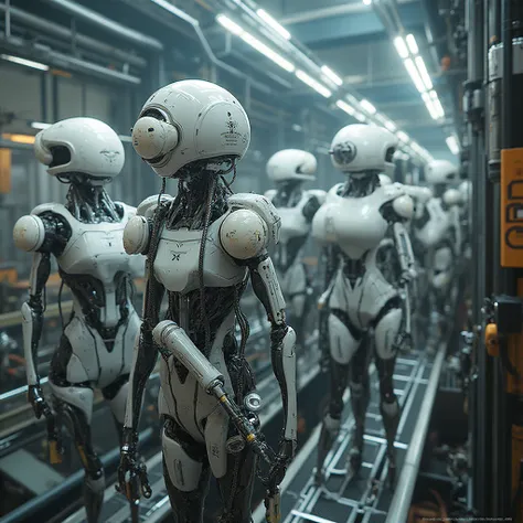 Android factory, Assembly line, mechanical female torsos, limbs held together by mechanical arms, multiple heads with anime face...