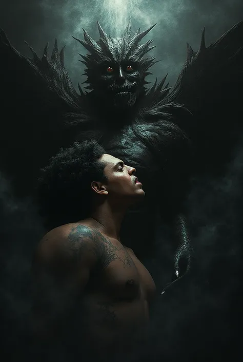 Create a migame of the singer Canserbero with a demon in the background