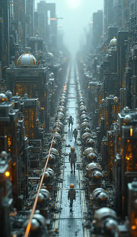 an assembly line of miniature mini factories ,supervised and controlled by androids ,The mini factories are toy factories