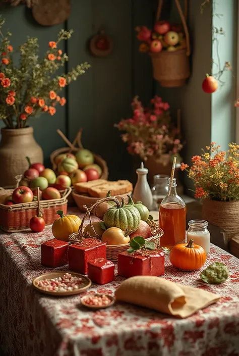Decorate a farmstead on rural motifs for the Day of Agricultural Workers of the Republic of Belarus. There are red cubes, green,...