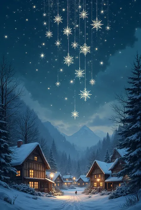 Stars fall like snowflakes over a quiet village with glowing rooftops, gentle sparkle reflections on windows.