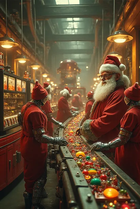Retrofuturistic Santa assembly line inspired by 1950s sci-fi, robotic elves with vintage atomic-age design elements and vacuum t...