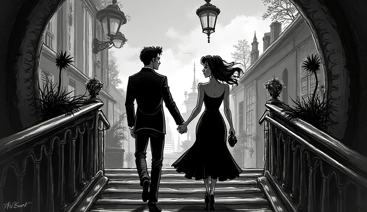 A full black and white gothic cartoon illustration, Tim Burton inspired, showing a 30-year-old handsome man and a 30-year-old be...