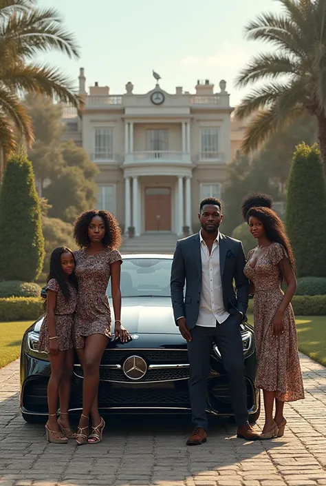 A young black couple, and their beautiful three daughters, ready to board their latest Benz in front of their mansion to work, w...