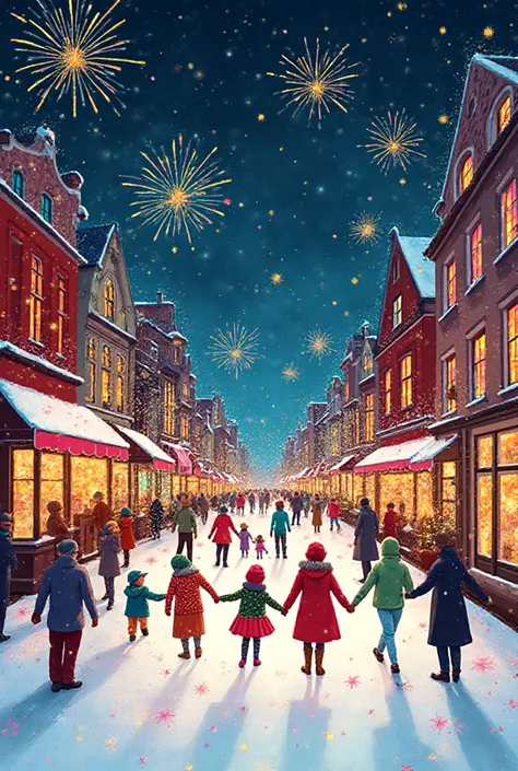 Whimsical festive winter postcard illustration — joyful city celebration at night in the style of Yayoi Kusama. Streets filled w...