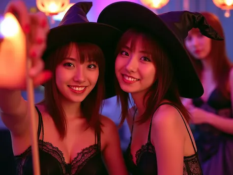 two 20-year-old women holding up an iPhone、parallel world self、Halloween Party、same witch costume、Same Makeup、same witch hat、sam...