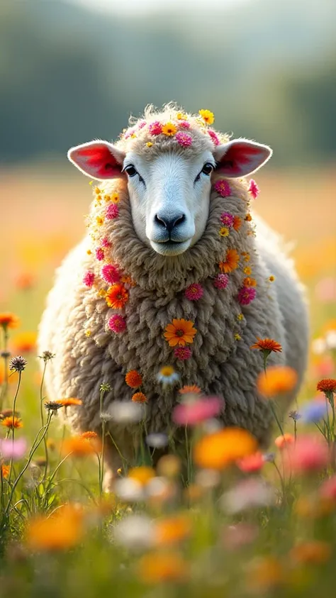 A photograph of a large sheep standing in a field of wildflowers. The sheep's wool is adorned with colorful blossoms, creating a...