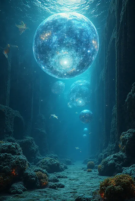 The boundary between ocean depths and cosmic infinity visualized as a surreal underwater scene, where massive floating orbs cont...