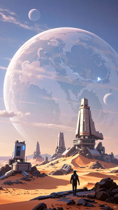 A distant planet lost to time, once thriving but now covered in ruins and cracked landscapes. Shattered skyscrapers rise from th...