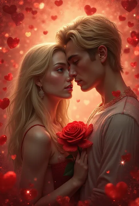 Portait d’une vrai humaine femme et d’un vrai humain homme , with blond hair , une rose rouge  , on a background of small glitte...