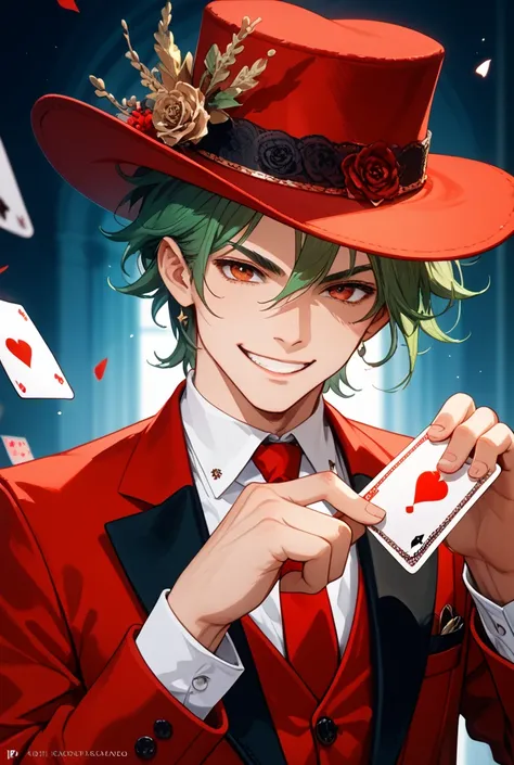 a beautiful and delicate anime-style illustration of a mysterious man called "RED cheat Guy", wearing a vivid red suit and a red...