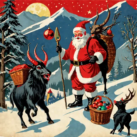 masterpiece, ultra-detailed, highres, Santa Claus meeting Krampus at midnight, 1930s vintage Christmas postcard style, bold flat...