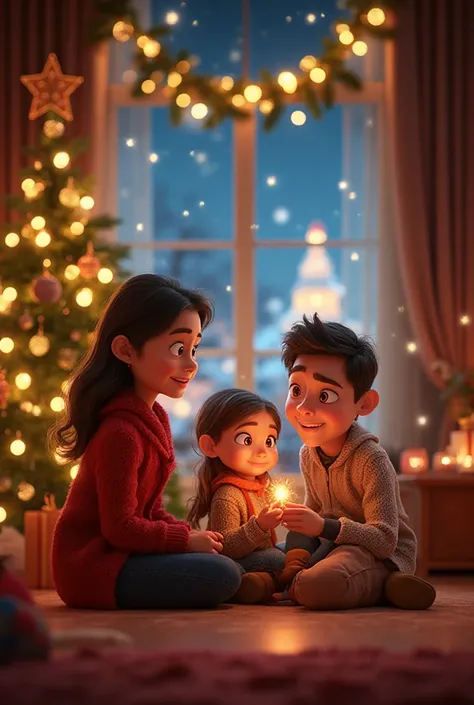 young New Year's interior scene, remote control stylized as Pixar. Cartoon family (Mother, Dad and Daughter) with big expressive...