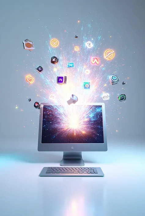 A powerful cinematic 3D vertical poster showing a modern desktop computer placed on a clean white surface. From the computer scr...
