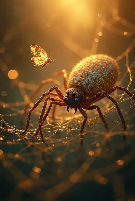 A mystical spider gazing at a distant rainbow butterfly floating in the golden light, surrounded by a shimmering web, fantasy ar...