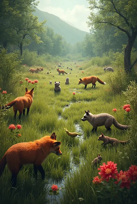 Red foxes feed on raccoons, crayfish, grasshopper, red clover, voles of
meadow and squirrels.
A food web between these animals