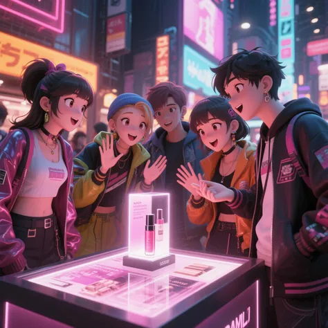 3D high-quality render of Japanese young adult characters in trendy Tokyo street fashion, stylized 3D anime-realistic style, gat...