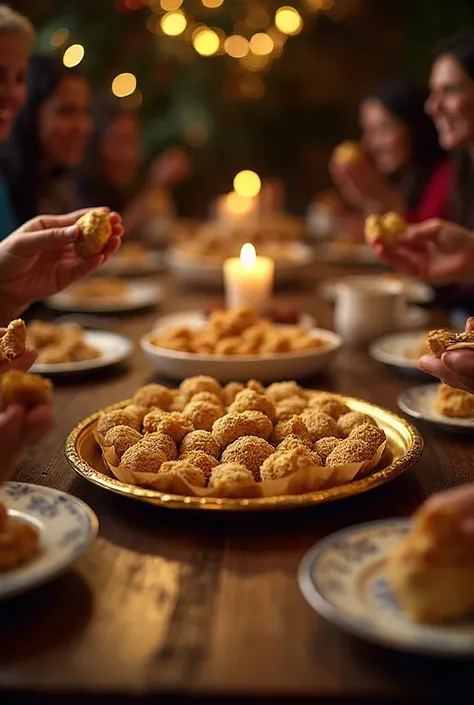 Large family table full of typical Colombian dishes: CUSTARD, fritters,  flakes , hot chocolate.
In the center, an elegant golde...
