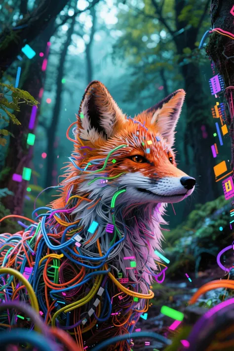 Surreal glitch art of a fox made entirely of internet cables and static, forest background data moshing into abstraction, nature...