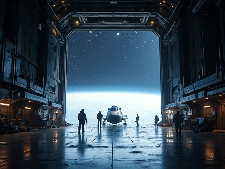 image from the open hangar of a huge cargo spaceship with astronauts and robots working to bring in a small spaceship, You can s...