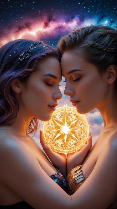 A masterpiece of ethereal digital art, visualizing the ultimate spiritual and physical union of two souls becoming one. The comp...