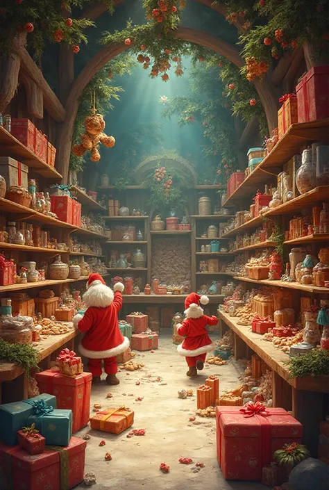 fairy workshop , Santa Claus room, with a large number of different boxes with gifts, toys, shelves with sweets without the imag...