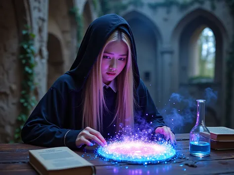 A beautiful fair-skinned woman with long golden hair, dressed in a dark hooded alchemist robe, is conducting an experiment deep ...