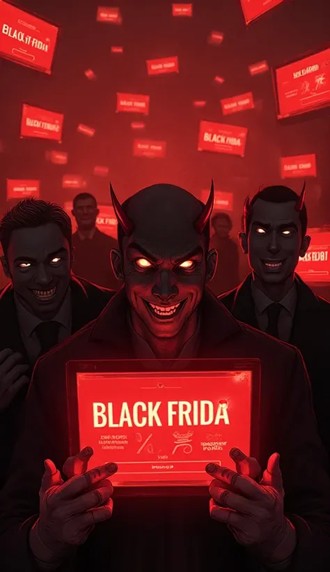 High-contrast digital art, monochromatic red and dark. The scene is a chaotic, visually overwhelming digital marketplace. In the...