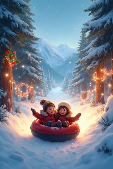 Boy and girl tubing down the mountain on a winter evening, lights and garlands all around, trees are decorated with bright light...