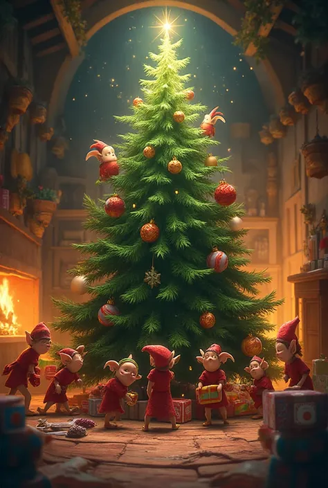Elves are getting ready for the new year, prepare gifts, and decorate a Christmas tree 