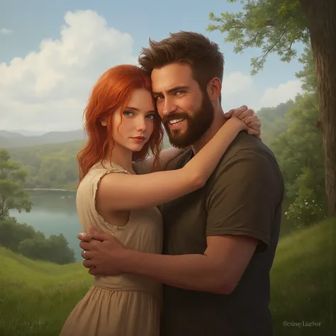 The couple reunited after a long absence, girl has red hair, and green eyes, the guy has short brown hair and beard, and brown e...