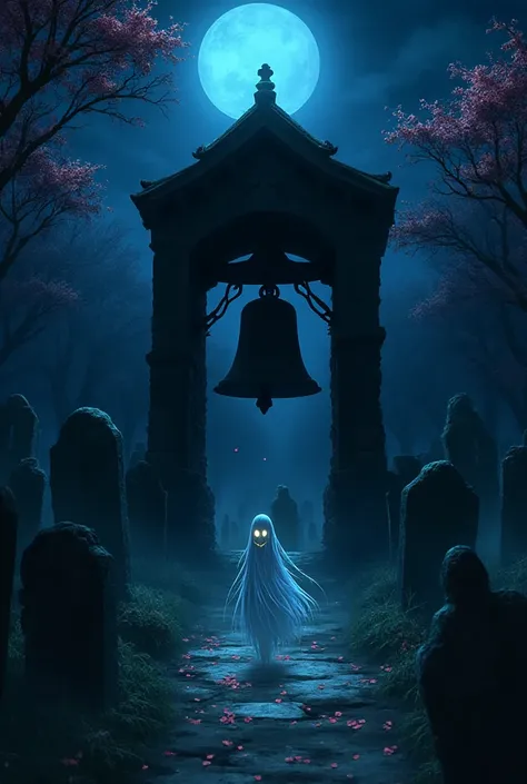  A dark, eerie anime-style graveyard at night, illuminated by a dim blue moonlight. In the center stands an old stone bell tower...