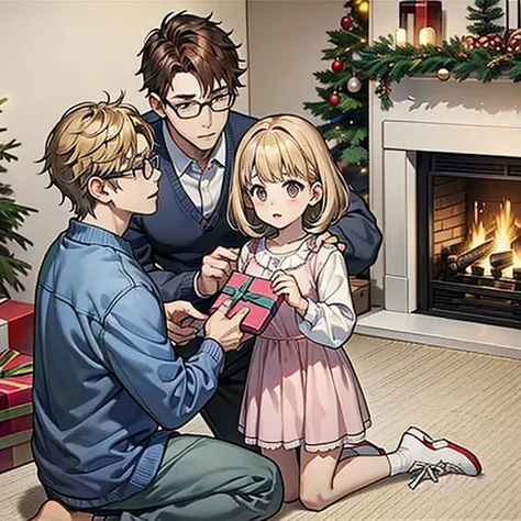 Fireplace in the center、Christmas tree on the left、Ornament、pile of presents at the foot of the tree、（30-year-old male、brown hai...