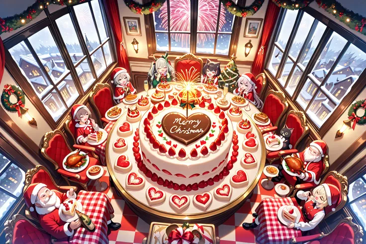 (masterpiece:1.3), (ultra quality:1.3), (illustration:1.3), 8K, christmas home party, best friends, red and white and green ging...