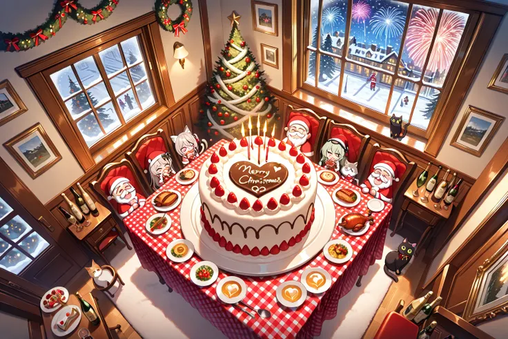 (masterpiece:1.3), (ultra quality:1.3), (illustration:1.3), 8K, christmas home party, best friends, red and white and green ging...