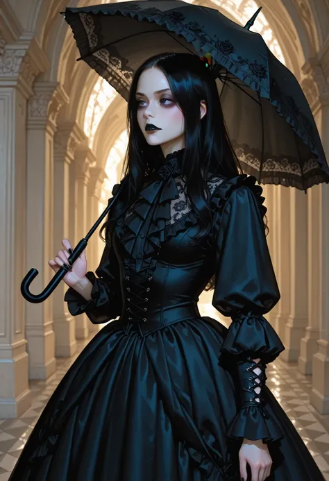 A young goth woman、leading a dramatic parade of gothic characters through foggy city streets. She wears elaborate dark ruffled c...