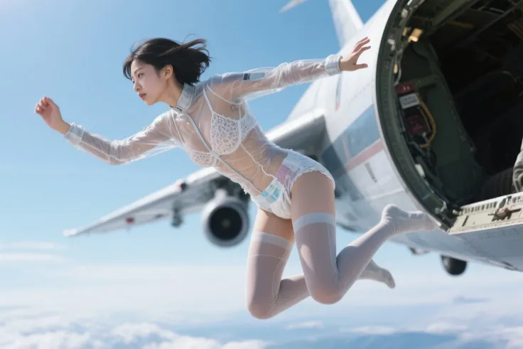 Japanese woman jumping out of an aircraft、woman is wearing a transparent flight suit、Women's Lace Bras Are Visible、women wear di...