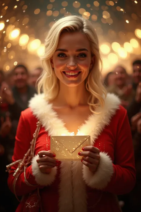 A young, approximately 35-year-old blonde Mrs. Claus, elegant and soft, with very long eyelashes, glowing makeup, and a big happ...