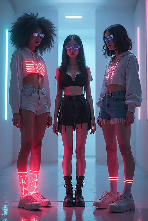 "Three diverse high school girls in a surreal, minimalist room from the movie Substance, no other elements. Each girl with rando...