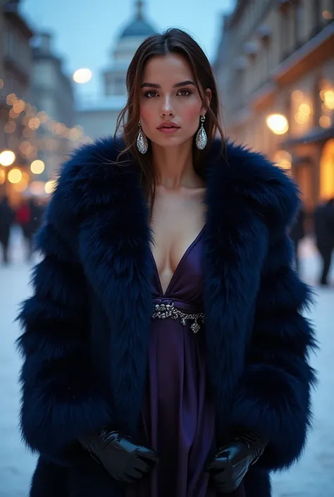 winter fashion photography: An exquisite model girl in a luxurious fur coat laid bare against the snowy cityscape, her flawless ...