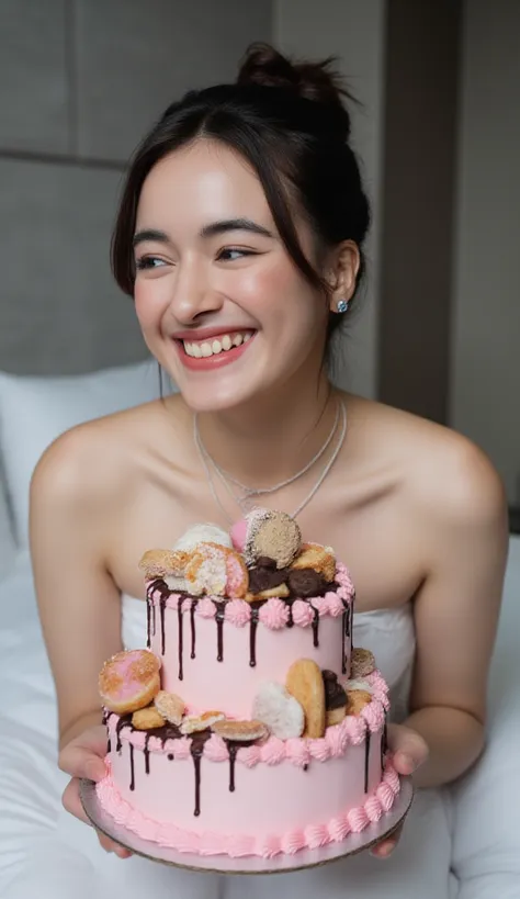 A photograph of a young woman with fair skin and dark hair tied in a bun, smiling while holding a three-tiered birthday cake. Th...