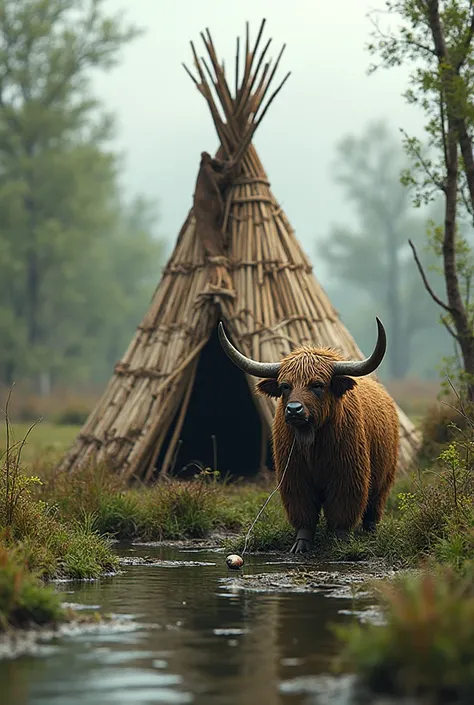 A small teepee made of reeds and grass next to a swamp and a musk is fishing