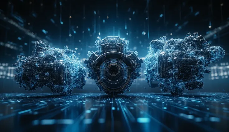 A hyper-realistic cinematic shot of a 2021 Ford F-150 PowerBoost hybrid, a 5.0L V8, and a 3.5L EcoBoost engine hovering side-by-...