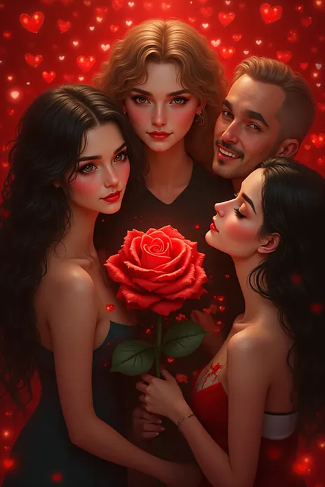 un groupe d'humains d'adultes de type européen , dans un fond de petits coeurs rouge pailletté , une vrai rose rouge , vrai huma...