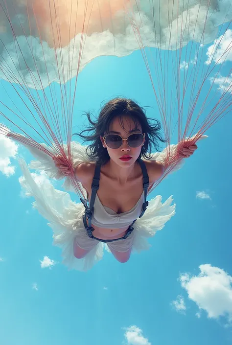 Hot and sexy Korean woman wearing sunglasses and diving down from the sky with a parachute 