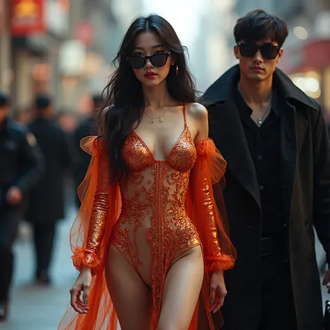 wearing sunglasses while on the move while being protected by a bodyguard, A 20-year-old Korean female celebrity with big breast...