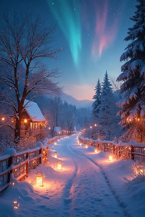 Create a mesmerizing winter lights wallpaper that captures the pure magic of a glowing, snow-covered wonderland. Imagine a crisp...