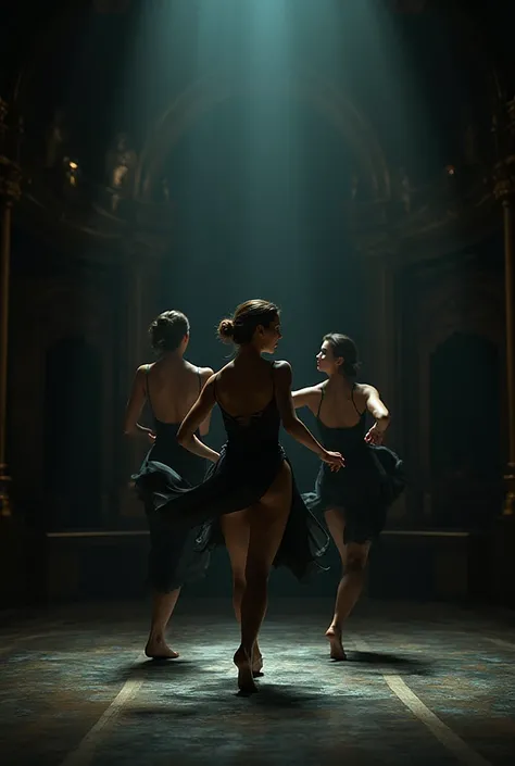 Three female dancers in a theater hall, one of them looks back with a guilty expression, theatrical lighting.