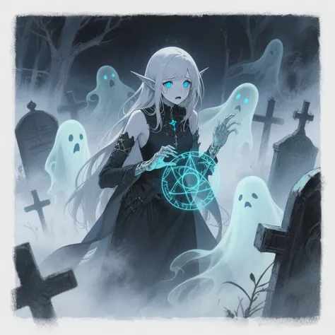 A timid female lich with glowing blue eyes, standing in a misty graveyard, nervously commanding her summoned ghosts, her pale fa...